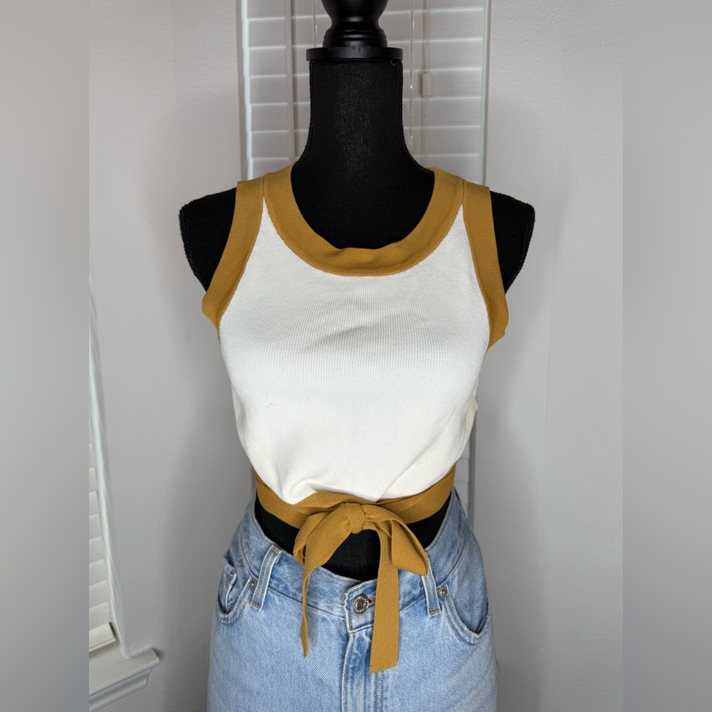 Stylish White and Tan Tie-Front Tank Top